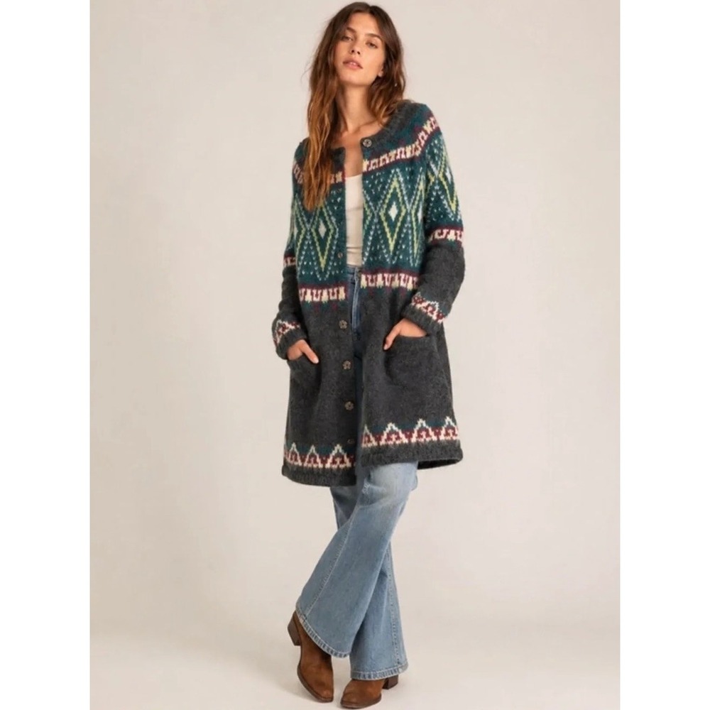 FREE PEOPLE Frosted  Fair Isle Longline Cardigan Mohair Wool Boho Sweater Small